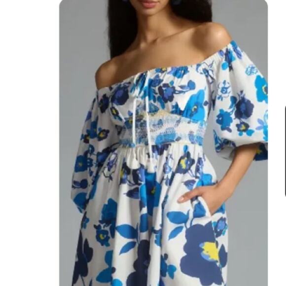 PLENTY BY TRACY REESE OFF-THE-SHOULDER PUFF-SLEEVE SMOCKED DRESS blue white XS - Picture 4 of 10